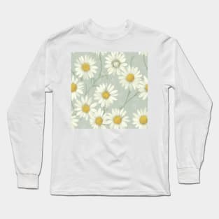 Illustrated Brown Daisies on Pale Blue Long Sleeve T-Shirt